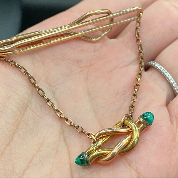 Vintage Mid Century Wedding Two Tone Love Knot Tie Bar Chain - Picture 11 of 15